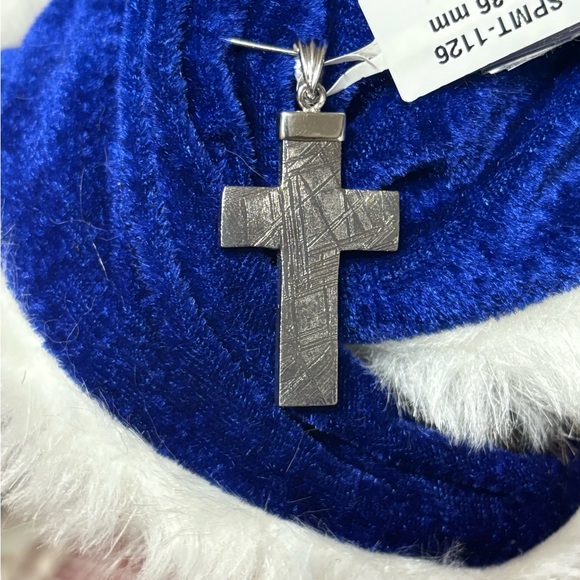 Natural Muonionalusta Large Meteorite Beveled Cross Silver Pendant 925 Unisex